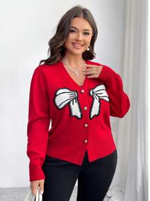 SHEIN Frenchy Damen Große Größen Weihnachten Schmetterling V-Ausschnitt Strickjacke - Rot - Übersicht 8