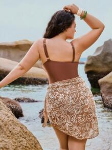 Swim Oasis Plus Size 2pcs Colorful Hollow-Out Beach Holiday Swimwear, Decorated Button Skirt Swimsuit With Bowknot Waist Details, Bikini Top Summer - Multicolor - View 2
