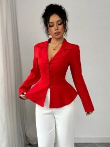 Elenzga Red Mandarin Collar Long Sleeve Shirt With Button Closure - Red - View 6