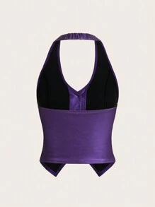 SHEIN ICON Button Front Backless PU Leather Halter Black Corset Top - Purple - View 2