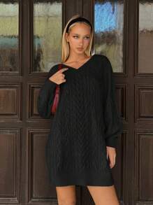 SHEIN EZwear Women's Long V-Neck Cable Knit Black Sweater Dress