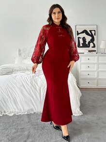 SHEIN Privé Váy xòe ren chắp vá phong cách tiệc mừng năm mới cỡ lớn màu đỏ rượu vang, thích hợp cho tiệc tùng & ăn uống, ngày lễ tình nhân - Đỏ - Xem 4
