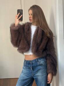 SHEIN EZwear Women Open Front Fluffy Coats In Fall/Winter - Rust Brown - View 6