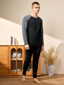 Set de 2 piezas Camisa y pantalones de traje cálido con cuello redondo y mangas raglan de color contrastante para hombre