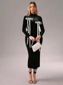 Zolique Damen Einfarbiges Patchwork Schleifen-Langarm Lässig Maxikleid, Abendkleid, Geburtstagsoutfit für Damen, Silvester Outfit, Samt Maxikleid für den Winter - Schwarz - Übersicht 3