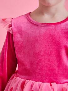 Christmas Young Girl Dress, Party Wear, Santa Dress, New Year Dress, Girls Velvet Heart Print Tulle Long Sleeve Dress, Holiday Party, European And American Style - Pink - View 6