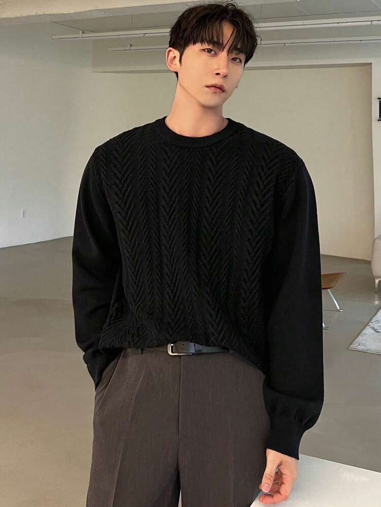 Men's Relaxed Fit Plain Color Jacquard Knit Sweater, Autumn/Winter