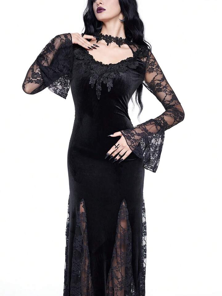 elegant black and gold dress Luxury Black V-Neck Mermaid Evening Gown with 3D Lace, Sequins, and Long Sleeves for Women