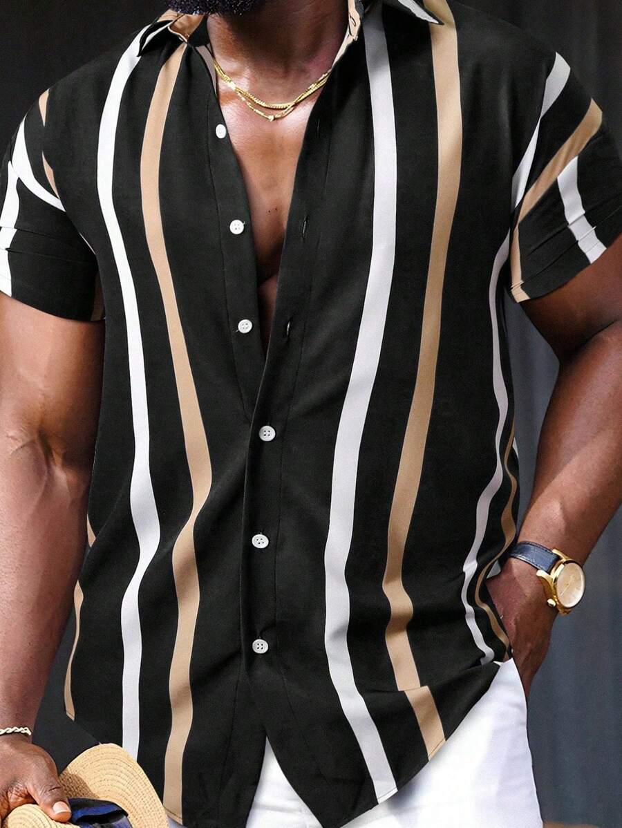 Manfinity Dauomo Plus Size Men's Casual Simple Contrast Striped Short Sleeve Shirt - Multicolor - View 1