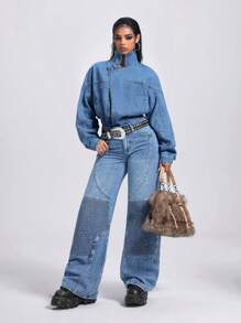 Jeanoix 女式前扣长袖简约牛仔夹克，休闲日常穿着 - 藍色 - 查看 5