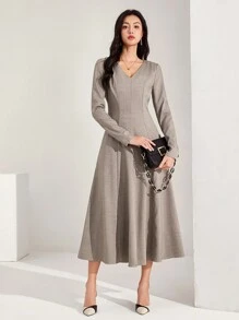 Heiryn 女士纯色 V 领长袖优雅简约通勤连衣裙