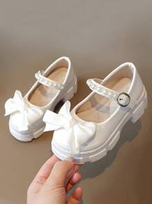 Spring & Autumn New Girls Shoes Cute Bow Children's Shoes Big Kids Thick Sole Leather Shoes Beaded Strap Little Girl Shoes Student Dance Shoes - Beige - View 2