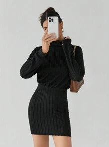 SHEIN Tall 女士纯黑色高领提花高弹力腰收褶长袖连衣裙适合秋冬季 - 黑色 - 查看 4