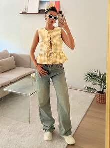 Comfortcana Blusa de mujer sin mangas con estampado de cuadros y nudo delantero, para uso casual diario - Amarillo - Ver 8