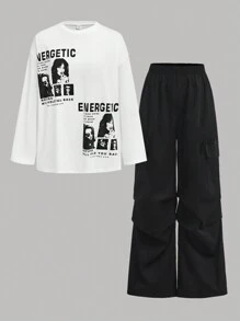 SHEIN Girlism Teen Girl's 2 Pieces/Set Spring, Autumn, Leisure Sports, Street Fashion Character Print 3D Oversized Off-Shoulder Long-Sleeved T-Shirt And Overalls, Wide-Leg Pants, Trousers