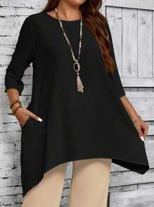 EMERY ROSE Plus Size Women Round Neck 3/4 Sleeve Asymmetric Hem Casual White Shirt, Spring & Summer Fall Women Clothes