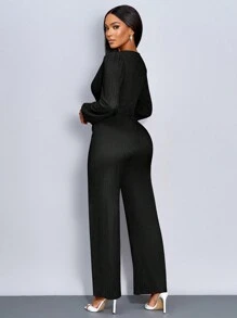SOLERSUN Twist Knotted Deep V-Neck Long Sleeve Jumpsuit Fall Cloth For Women - Black - View 2