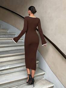 EURMUSE Contrast Binding Sweetheart Neck Raglan Sleeve Dress - Chocolate Brown - View 2