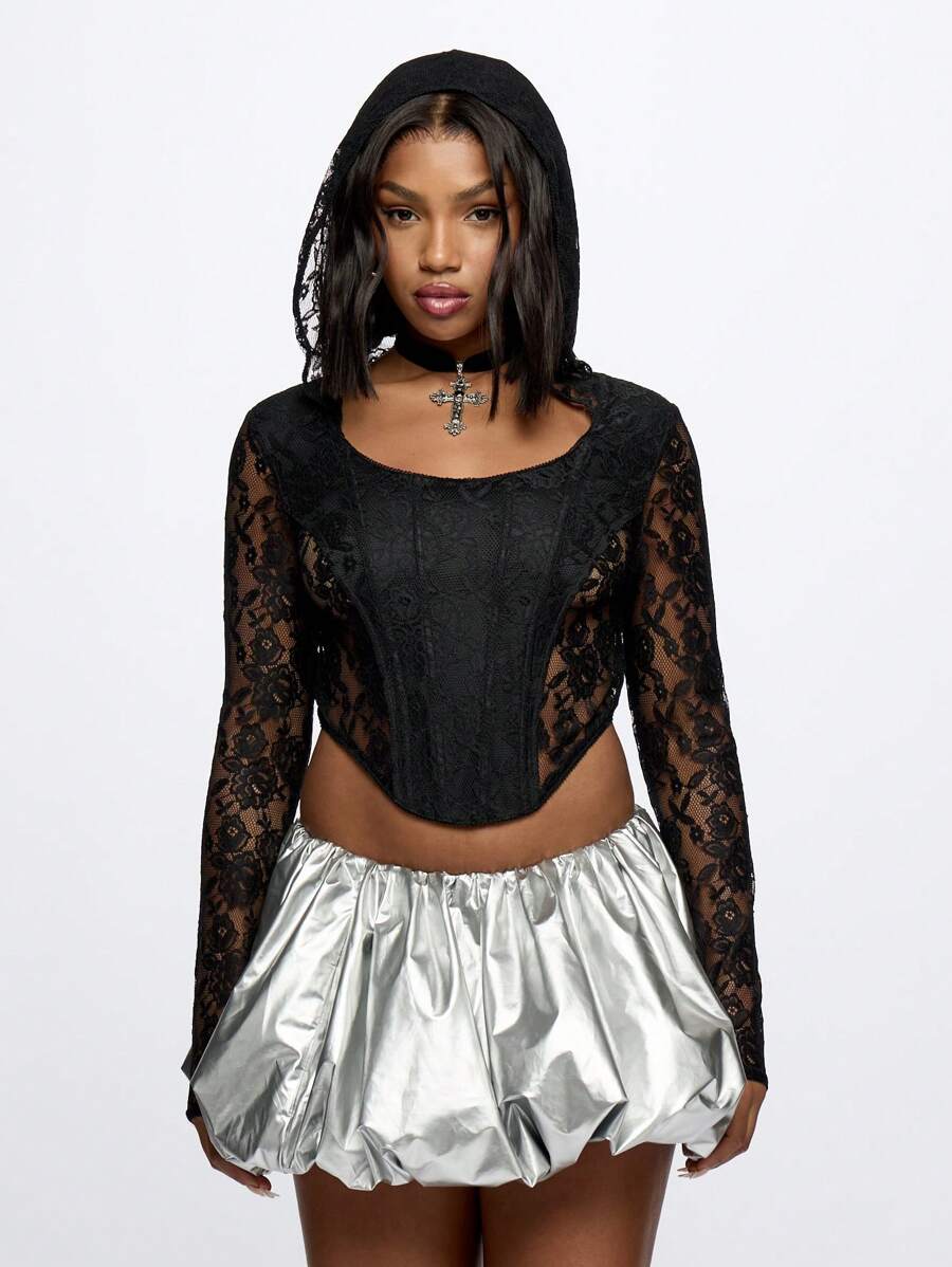 SUMWON WOMEN Gothic Lace Corset Hoodie With Cross Necklace Elegant Victorian Steampunk Crop Top Dark Alternative Fashion Festival Halloween Cosplay Party - Black - View 1