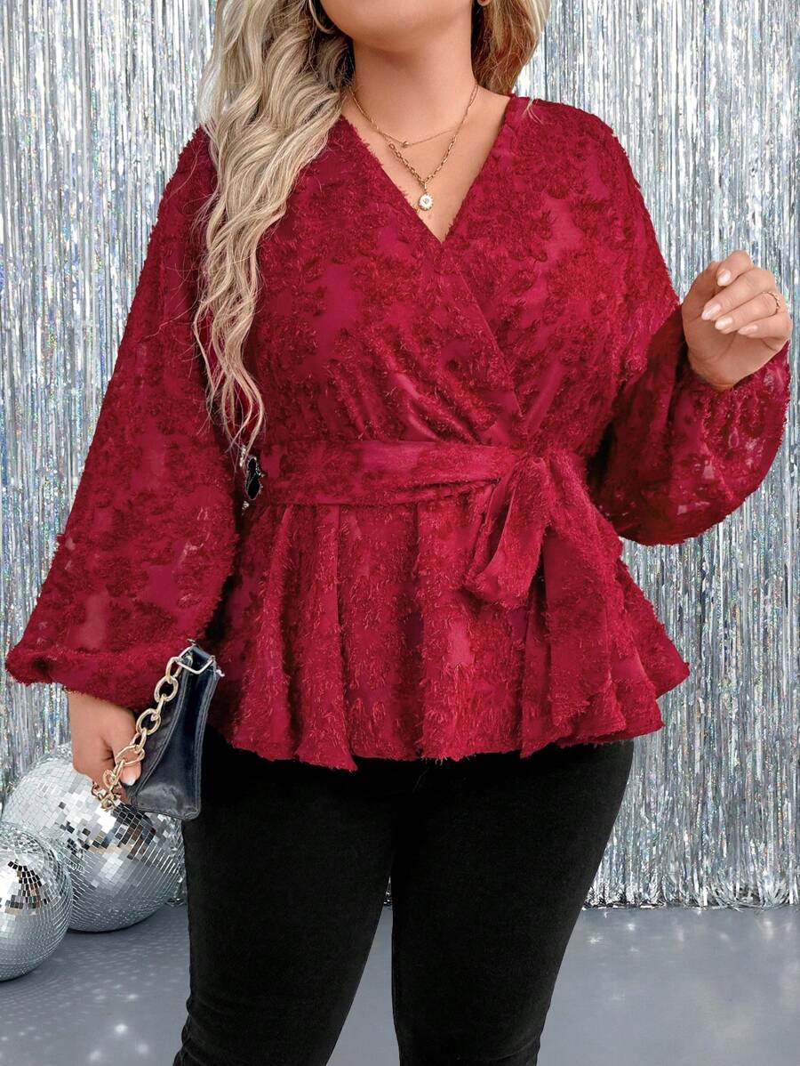 SHEIN Clasi Große Größen Bluse in Weinrot mit Ausschnitt an der Taille, A-Linie, Langarm