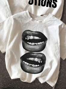 SHEIN Bolty 3-Pack Teen Girls Casual Vintage Street Style LA, Lips, Letter Print Short Sleeve T-Shirts, School, Campus, College - White - View 3