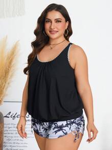 Swim Lushoire Tankini de verano para mujer de talla grande con patrón de árbol de coco y borde dentado