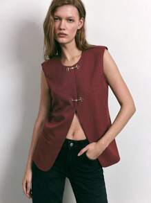 Maija Nouvelle veste élégante et ample femme avec épaulettes, style urbain chic marron-rouge métallique avec boucle. Convient pour la sortie, les vacances, les fêtes, les déplacements, Noël, la Saint-Valentin