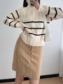 INAWLY Fashionable Knitted Cable Pattern Knitted Skirt, Versatile For Autumn/Winter - Khaki - View 3