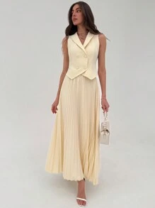 Aloruh Elegante conjunto de 2 piezas con blusa con decoración de botones delanteros y falda plisada en línea A, estilo universitario, versátil para citas - Beis - Ver 2