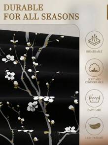 1件黑色梅花图案床笠，树枝图案床垫保护套，情人节床垫罩，床单，柔软透气，适用于各种尺寸的床——单人床、双人床、特大号床、大号床，深口袋床单，家用纺织品，返校季床上用品，宿舍床上用品套装 - 黑色 - 查看 4