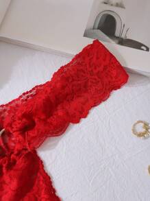 SHEIN 女士性感蕾丝圆圈装饰纯色丁字裤内衣 - 酒紅色 - 查看 4