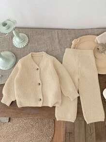 SHEIN LMoss Kids LMoss Baby Girl 2pcs Set, Autumn/Winter Cardigan And Wide Leg Pants, Lantern Sleeve Knit Sweater Outfit, Suitable For Outdoor, Shopping, Party And Other Occasions - Khaki - View 5