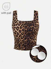 SHEIN 少女春夏 Y2K 基本款针织豹纹弹力棕色背心带胸垫 - 棕色 - 查看 1