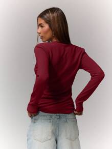 MUSERA Notch Neckline Long Sleeve Fitted Top Casual Summer Elegant Summer Vacation Airport Holiday Cute