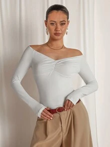 COSMINA Women's Off-Shoulder Long Sleeve Ruched Fitted T-Shirt, Solid Color For Autumn