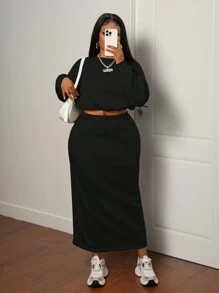 Slaydiva Sports & Casual Solid Color Orange Long Sleeve Drawstring Adjustable Pullover Hoodie And Long Pocket Skirt Set, Women Plus Size, Autumn/Winter - Black - View 3