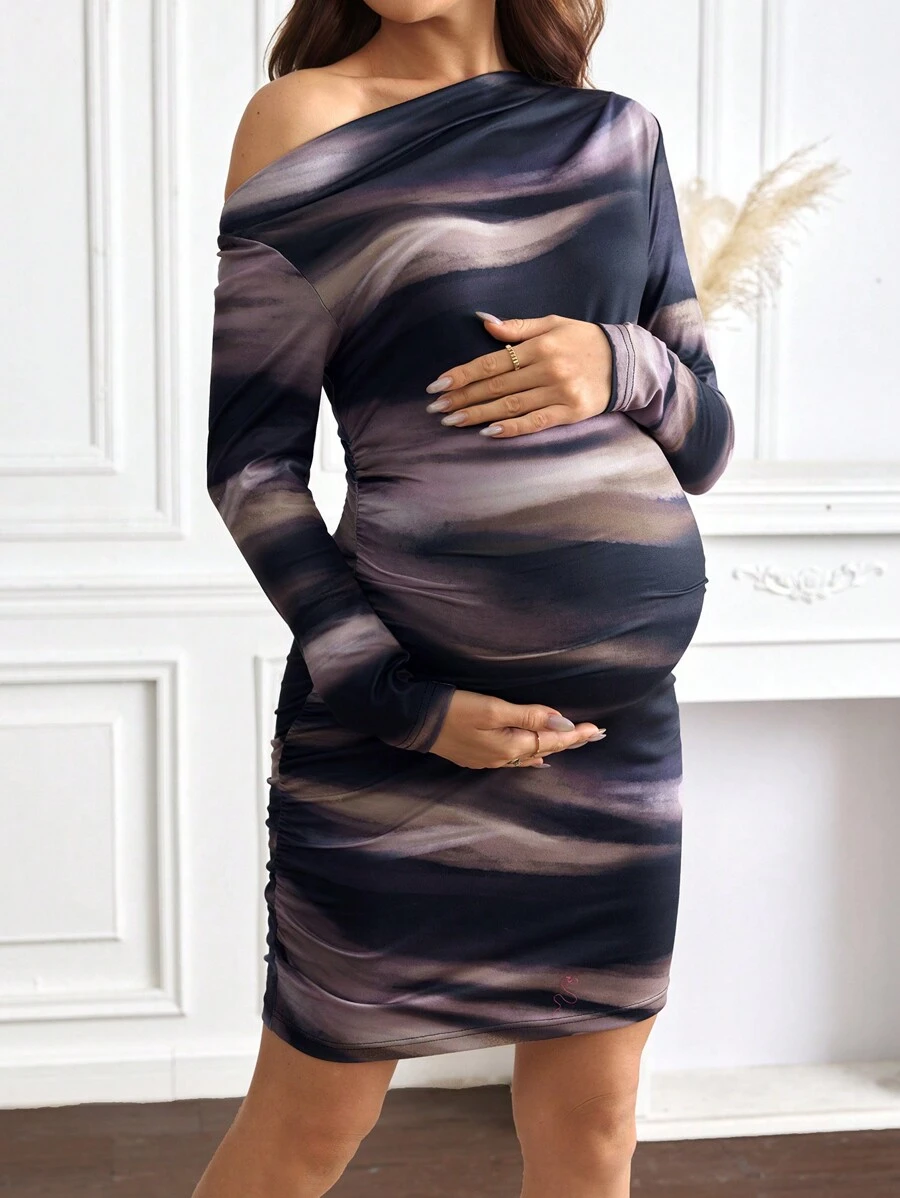 SHEIN 孕妇扎染印花不对称领口长袖修身优雅连衣裙，秋季 - 彩色 - 查看 1