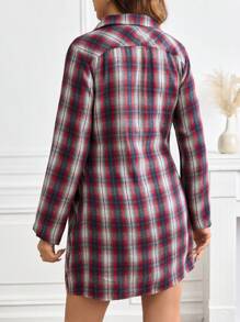 SHEIN Casual V-Neck Embroidered Waist Belt Plaid Maternity Dress - Multicolor - View 2