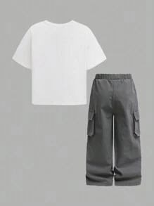 Young Girl Street Style Hiphop Portrait & Letter Print Loose T-Shirt And Pleated Pants 2 Pieces Set