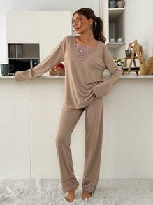 RueChic 2pcs Cotton Contrast Colour Lace Detail Homewear PJ Set - Brown - View 3