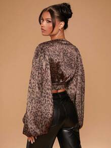 Hauture Blusa con cuello de pico, mangas globo y cordones, con estampado animal