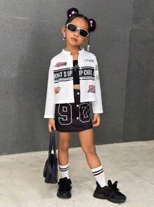 Set da ragazza casual e versatile, composto da giacca con stampa icona di motocicletta da strada americana + gonna aderente - Multicolore - Visualizzare 6
