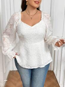 SHEIN Frenchy Plus Size Solid Color Sweetheart Collar Long Sleeve Casual Top, Minimalist