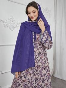 Al Najma Vestido con escote redondo, estampado con flores mixtas y ribete de color liso, con pañuelo para la cabeza, modesto