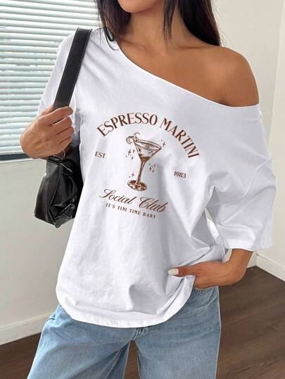 Flirla Oversized Loose Shoulder T-Shirt With "Espresso Martini" Slogan, Coffee Color, Spring