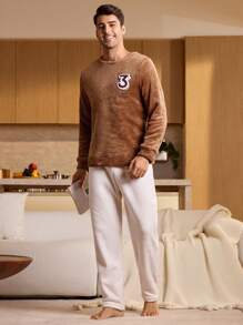 Manfinity Underwear&Sleepwear Basics Camisa casual de manga larga con cuello redondo y gráfico para hombre