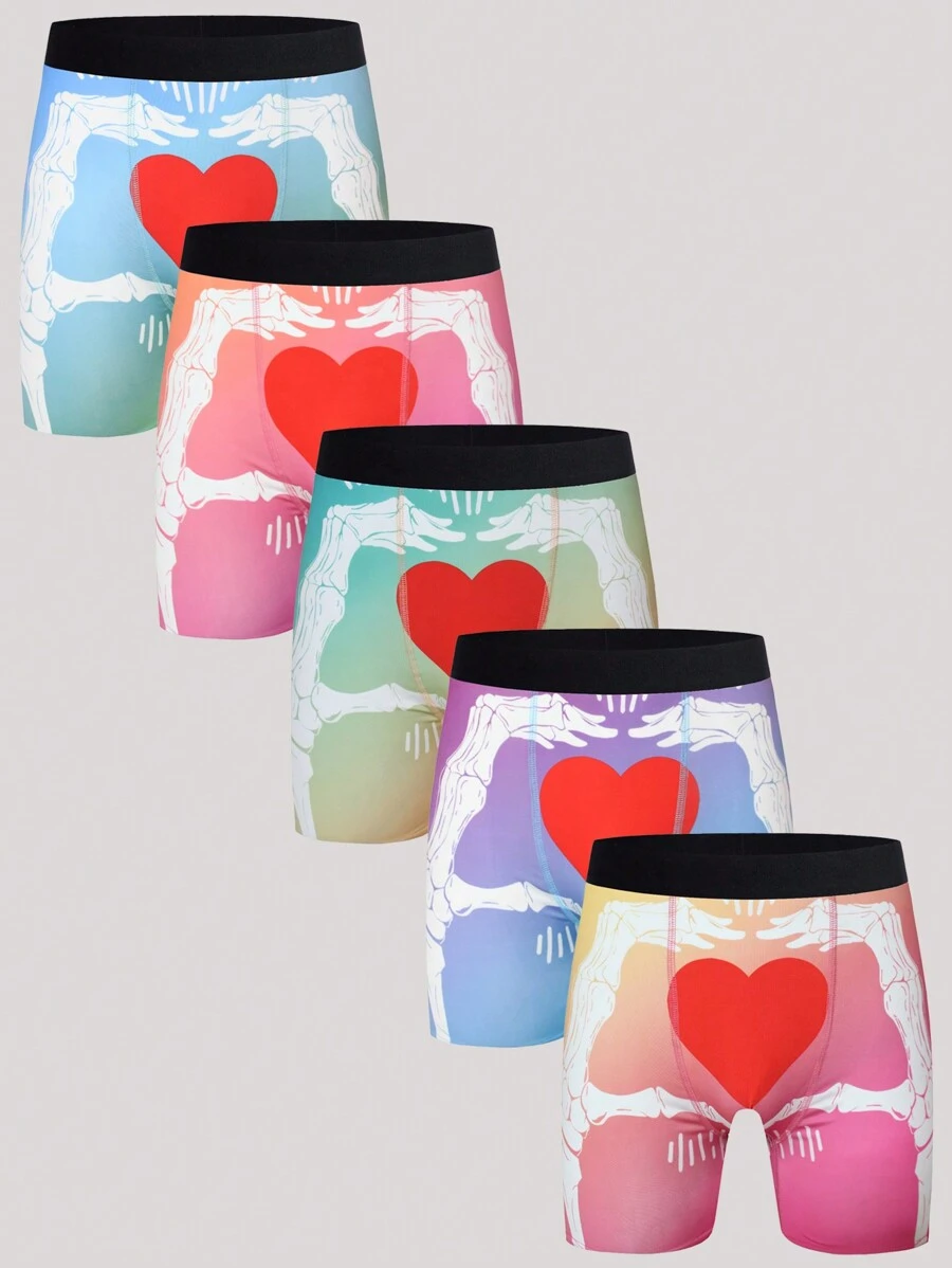 5 件装 男士彩色爱心和爪子印花平角内裤 - 彩色 - 查看 1