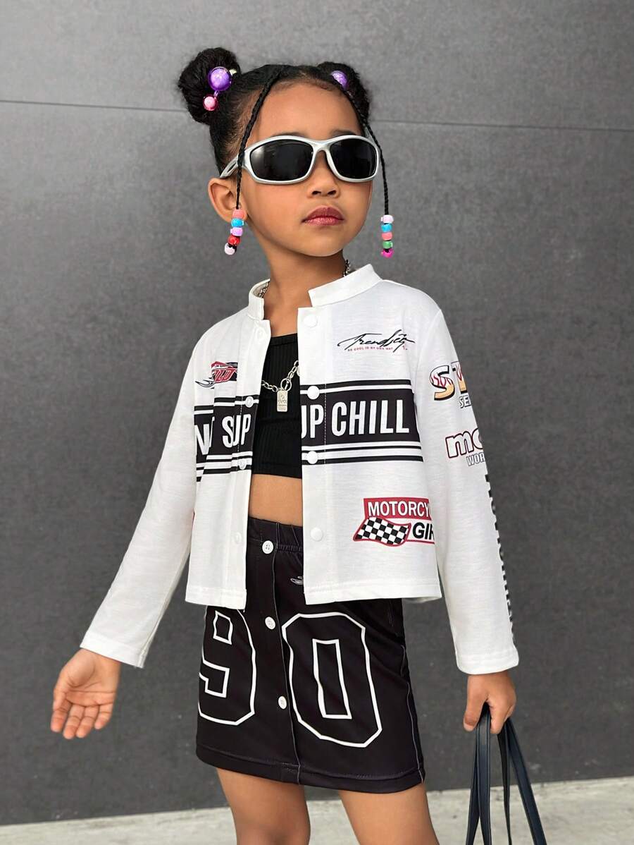 Set da ragazza casual e versatile, composto da giacca con stampa icona di motocicletta da strada americana + gonna aderente - Multicolore - Visualizzare 1