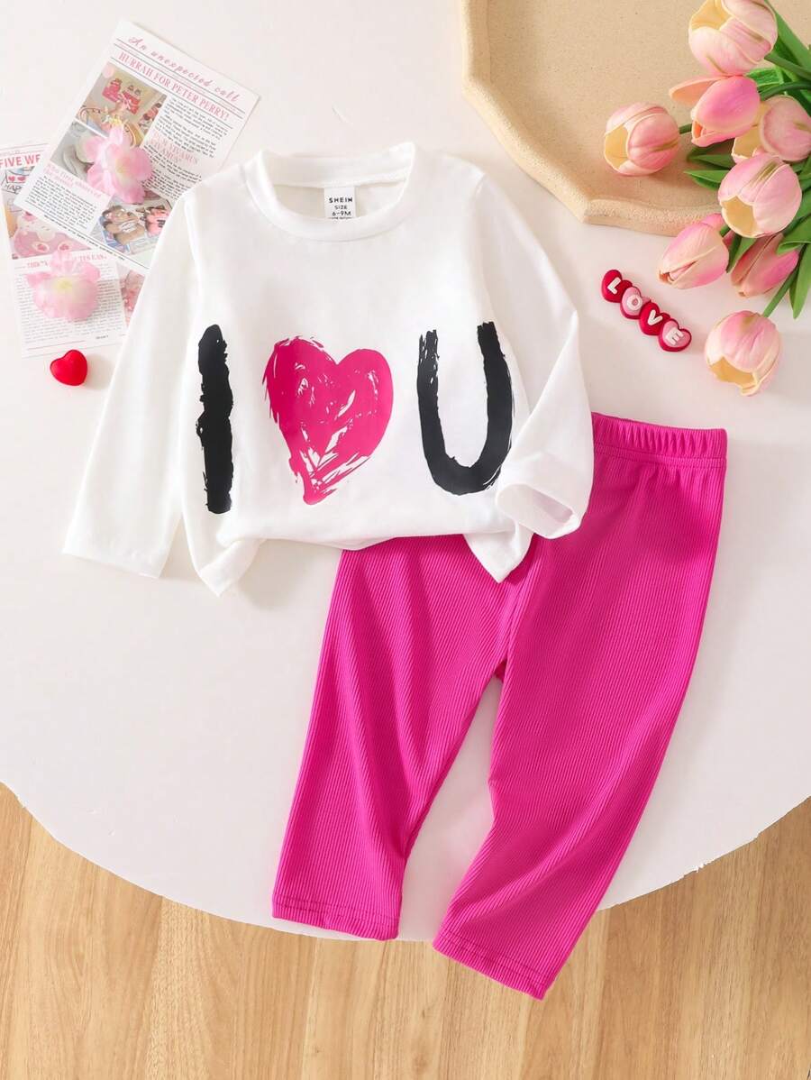 SHEIN BABYGIRL Textured Pink Set, Casual Graphic Pattern For Everyday Wear & Home, Autumn - Hot Pink - View 1