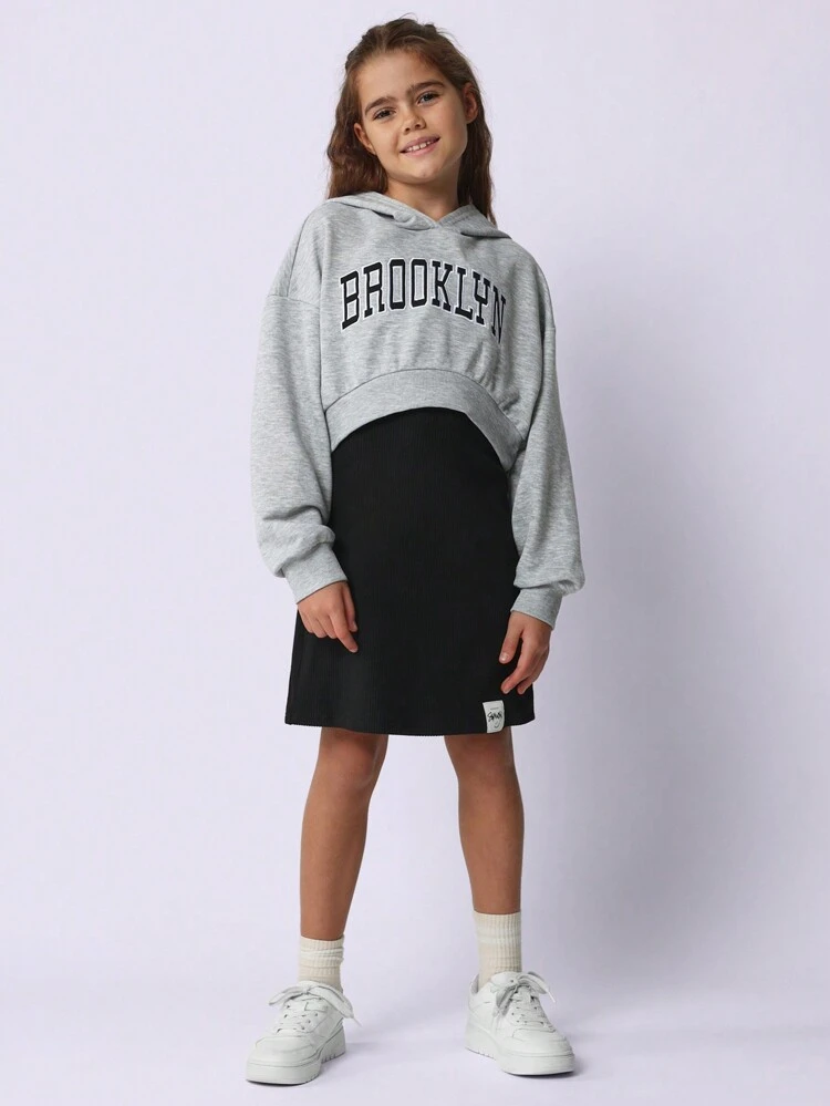 브루클린 크롭 후드 니트 스커트 코디